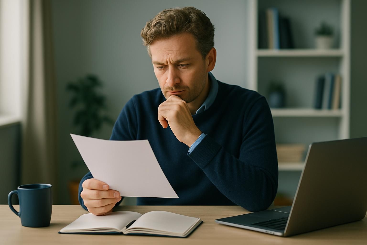 Zzp'er bekijkt nadenkend zijn papieren aan een bureau met laptop