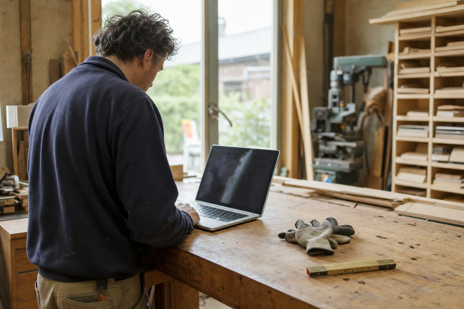 Werkplaats met laptop naast gereedschap