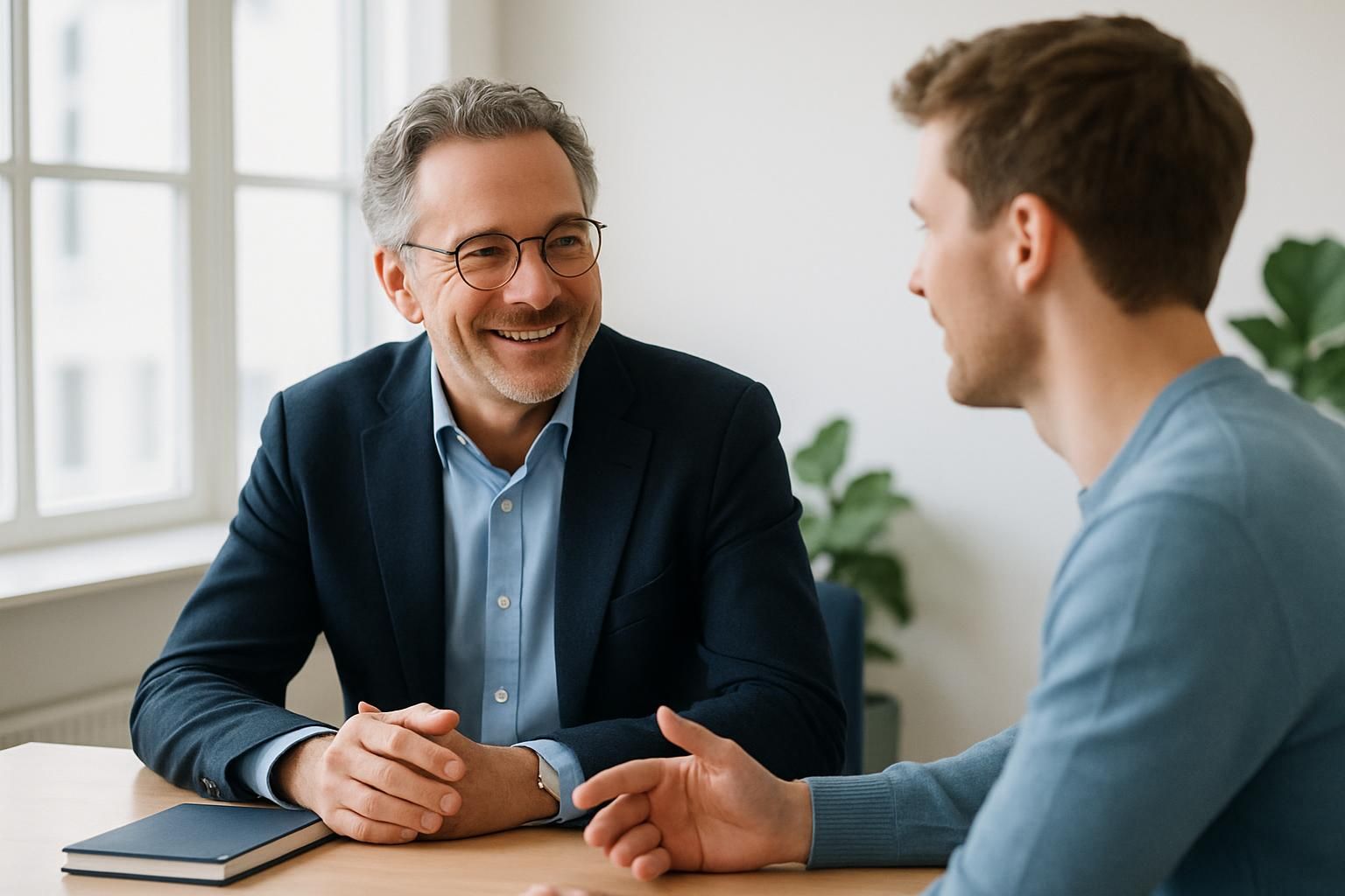 Coach in gesprek met een klant op een licht kantoor