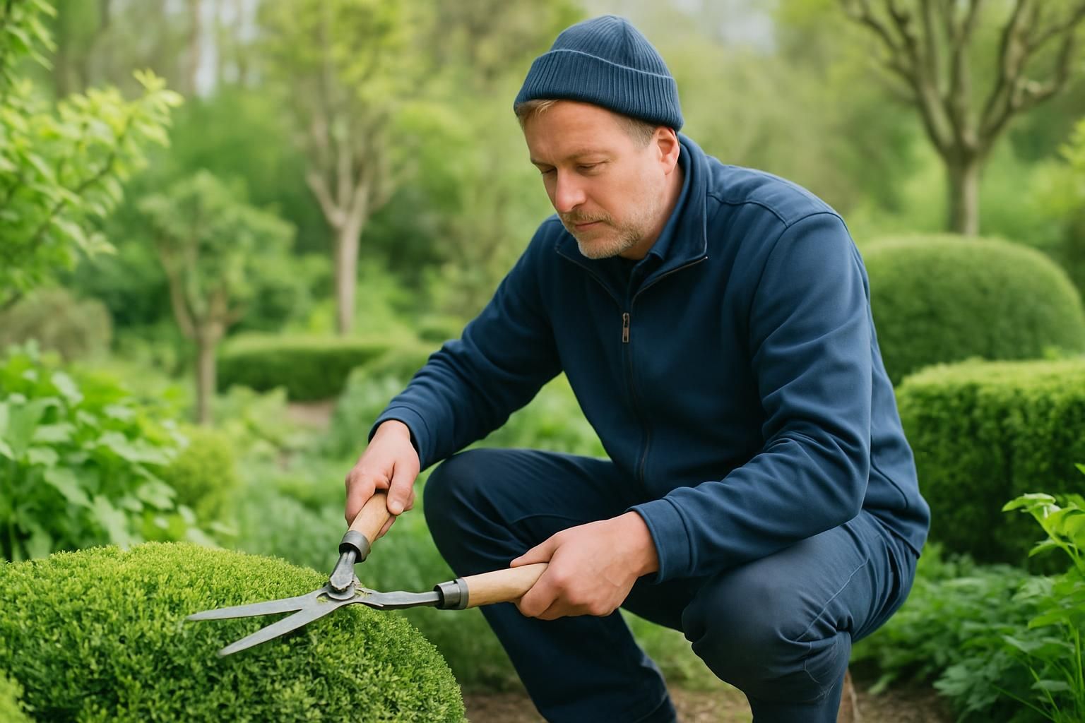 Hovenier aan het werk in een groene tuin met gereedschap