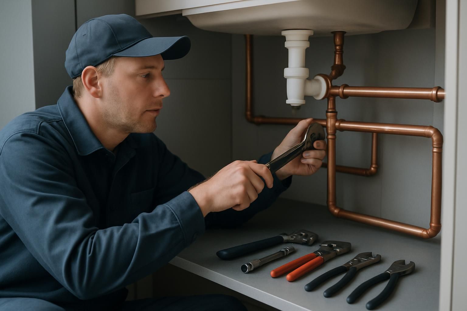 Loodgieter werkt aan leidingen met professioneel gereedschap