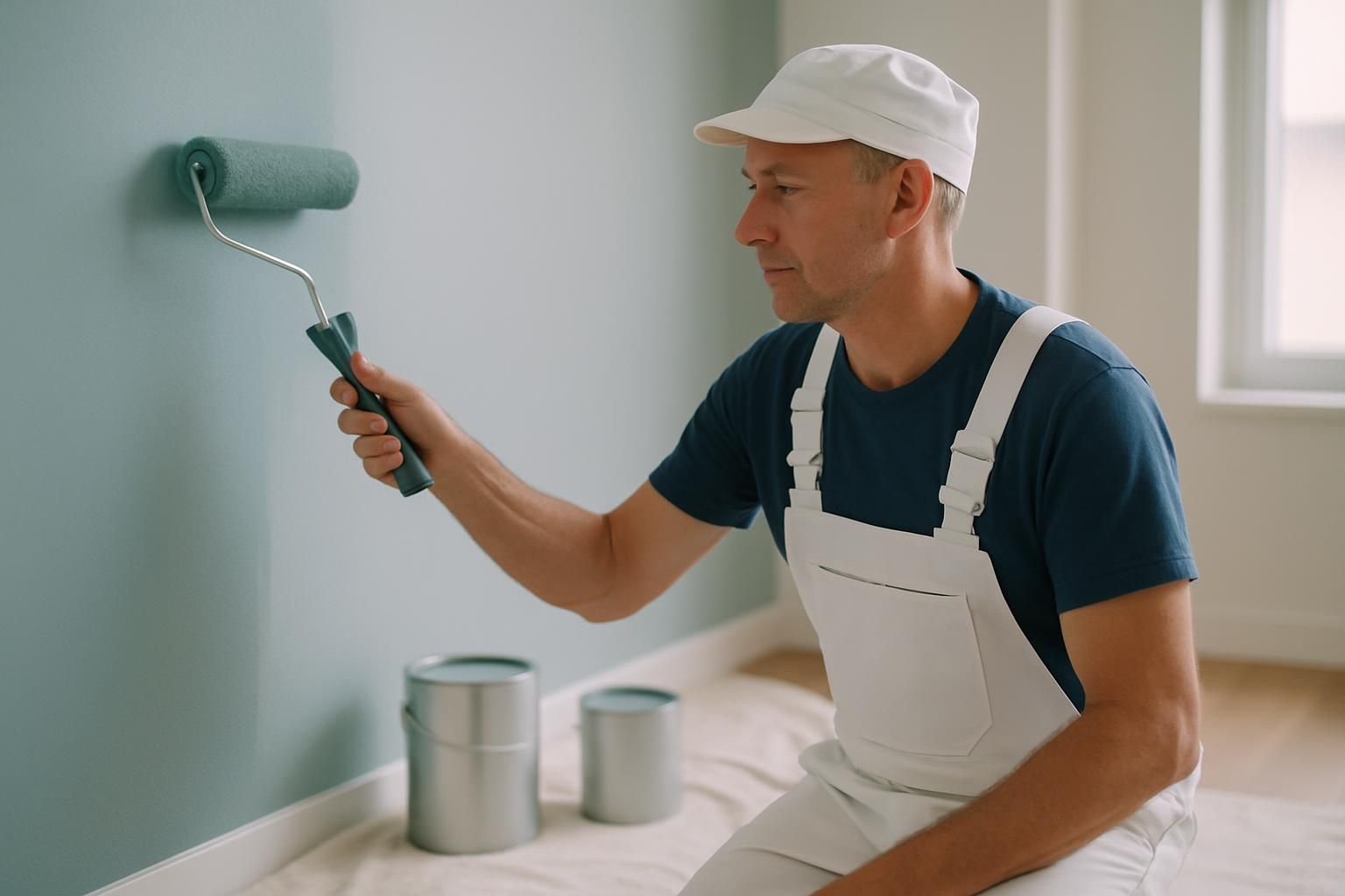 Schilder verft een muur in een licht, modern interieur